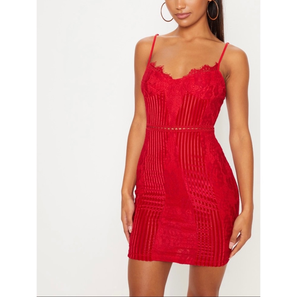 Dress Red Strappy Lace Velvet Insert Bodycon